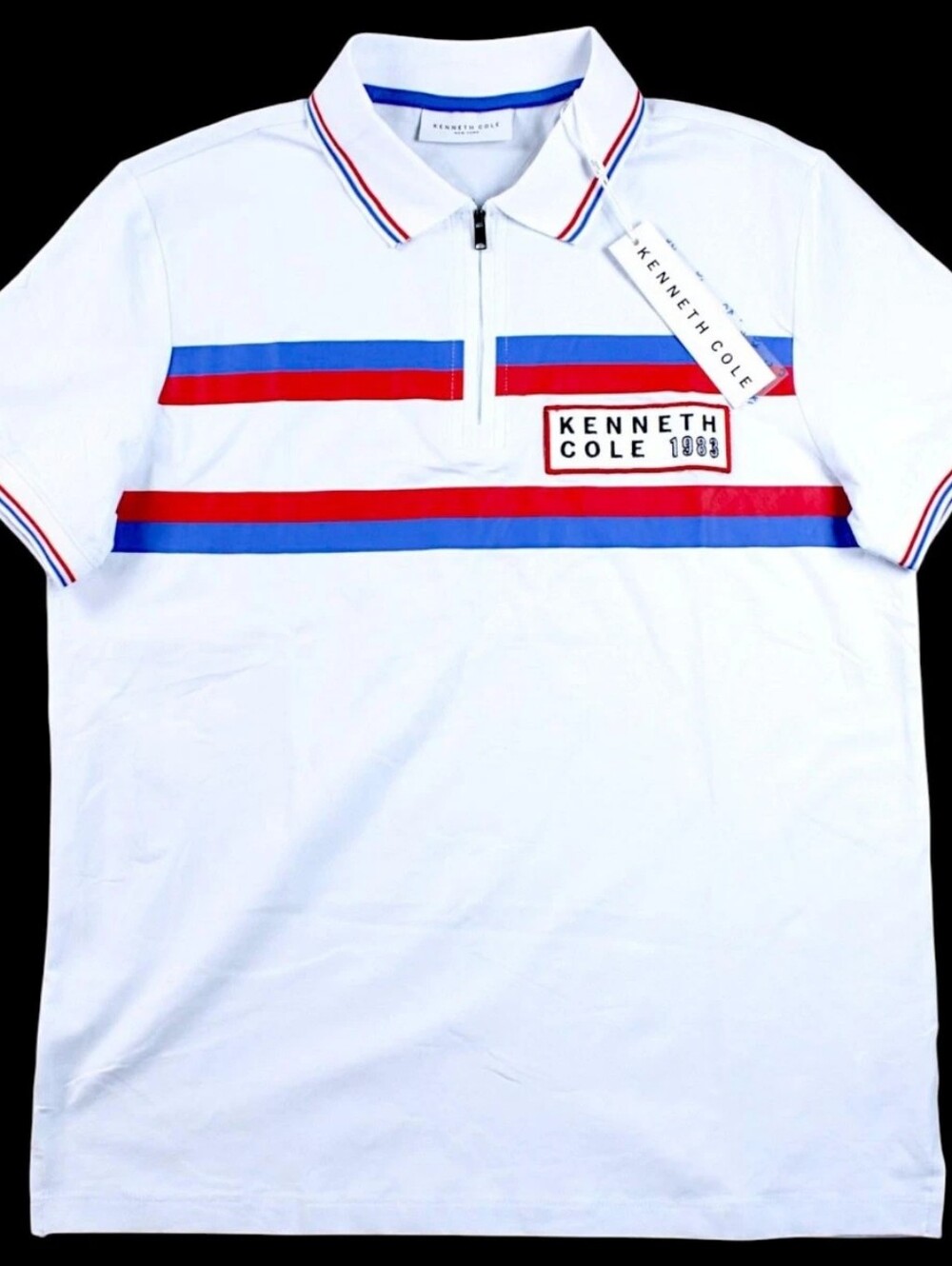 Nwt Cooling Kenneth Cole Men's White Zip Polo with Red & Blue Stripes